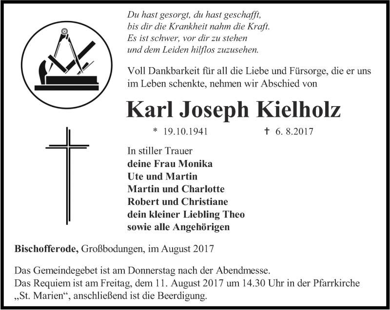  Traueranzeige für Karl Joseph Kielholz vom 09.08.2017 aus Thüringer Allgemeine