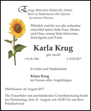 Traueranzeige von Karla Krug von Thüringer Allgemeine, Thüringische Landeszeitung