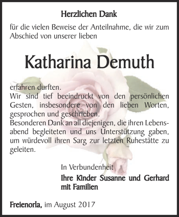 Traueranzeige von Katharina Demuth von Ostthüringer Zeitung, Thüringische Landeszeitung