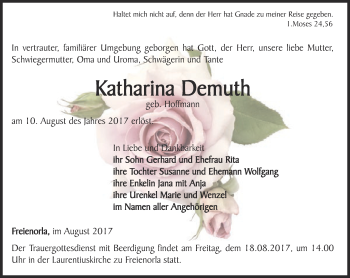 Traueranzeige von Katharina Demuth von Ostthüringer Zeitung, Thüringische Landeszeitung