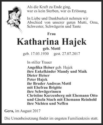 Traueranzeige von Katharina Hajek von Ostthüringer Zeitung