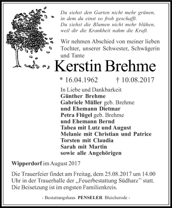 Traueranzeige von Kerstin Brehme von Thüringer Allgemeine