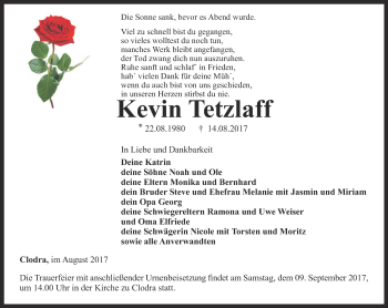 Traueranzeige von Kevin Tetzlaff von Ostthüringer Zeitung