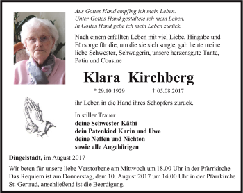 Traueranzeige von Klara Kirchberg von Thüringer Allgemeine