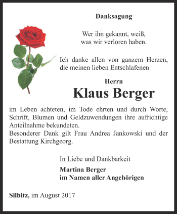 Traueranzeige von Klaus Berger von Ostthüringer Zeitung