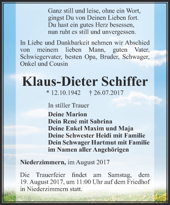 Traueranzeige von Klaus-Dieter Schiffer von Thüringer Allgemeine, Thüringische Landeszeitung