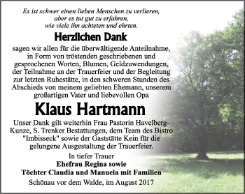 Traueranzeige von Klaus Hartmann von Ostthüringer Zeitung, Thüringische Landeszeitung