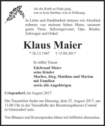 Traueranzeige von Klaus Maier von Ostthüringer Zeitung