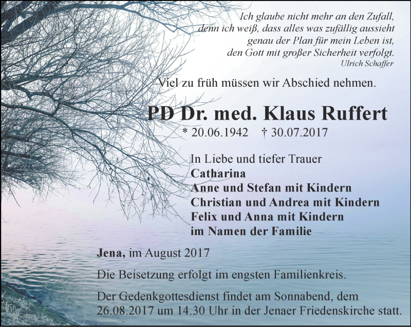  Traueranzeige für Klaus Ruffert vom 12.08.2017 aus Ostthüringer Zeitung, Thüringische Landeszeitung