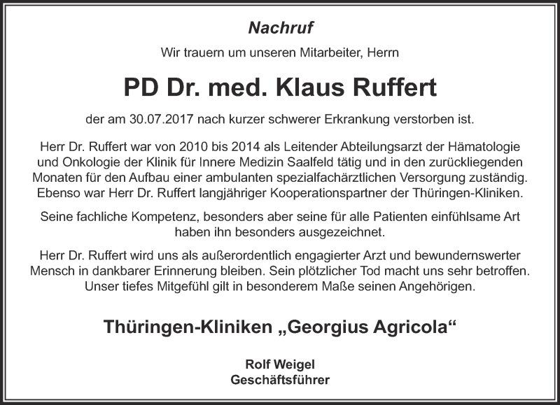  Traueranzeige für Klaus Ruffert vom 19.08.2017 aus Ostthüringer Zeitung, Thüringische Landeszeitung