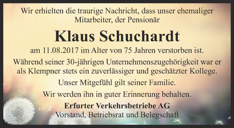  Traueranzeige für Klaus Schuchardt vom 31.08.2017 aus Thüringer Allgemeine, Thüringische Landeszeitung