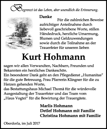 Traueranzeige von Kurt Hohmann von Thüringer Allgemeine, Thüringische Landeszeitung