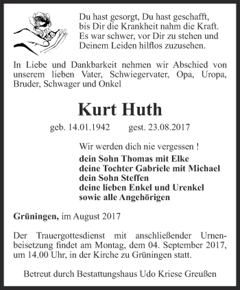 Traueranzeige von Kurt Huth von Thüringer Allgemeine