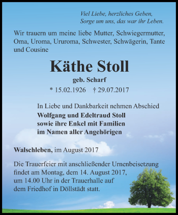 Traueranzeige von Käthe Stoll von Thüringer Allgemeine, Thüringische Landeszeitung