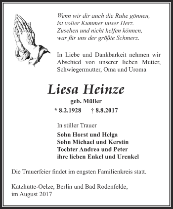 Traueranzeige von Liesa Heinze von Ostthüringer Zeitung