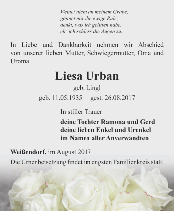 Traueranzeige von Liesa Urban von Ostthüringer Zeitung