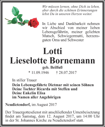 Traueranzeige von Lieselotte Bornemann von Thüringer Allgemeine, Thüringische Landeszeitung