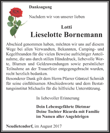 Traueranzeige von Lieselotte Bornemann von Thüringer Allgemeine, Thüringische Landeszeitung