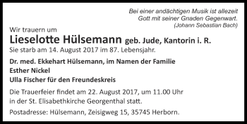 Traueranzeige von Lieselotte Hülsemann von Ostthüringer Zeitung, Thüringische Landeszeitung