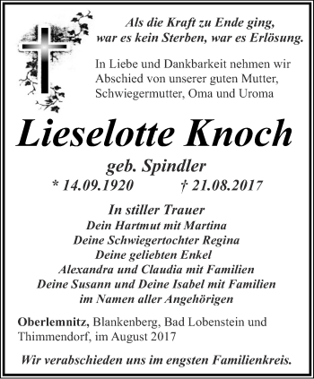 Traueranzeige von Lieselotte Knoch von Ostthüringer Zeitung