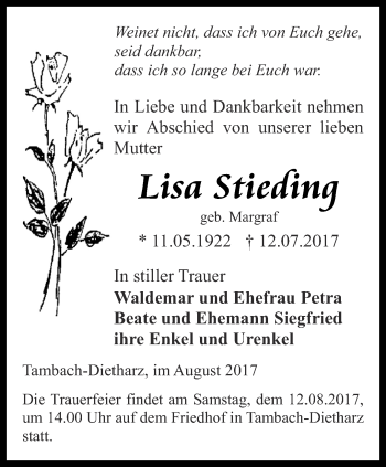 Traueranzeige von Lisa Stieding von Ostthüringer Zeitung, Thüringische Landeszeitung