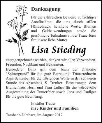 Traueranzeige von Lisa Stieding von Ostthüringer Zeitung, Thüringische Landeszeitung