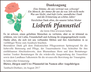 Traueranzeige von Lisbeth Pfannstiel von Ostthüringer Zeitung, Thüringische Landeszeitung