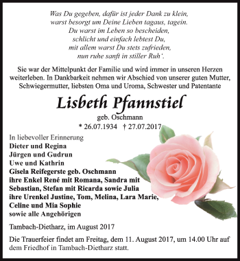 Traueranzeige von Lisbeth Pfannstiel von Ostthüringer Zeitung, Thüringische Landeszeitung
