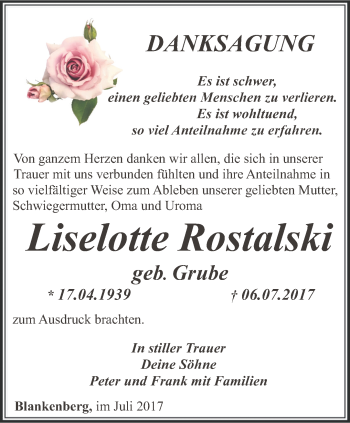 Traueranzeige von Liselotte Rostalski von Ostthüringer Zeitung