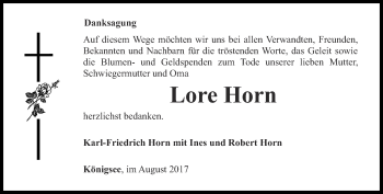 Traueranzeige von Lore Horn von Ostthüringer Zeitung