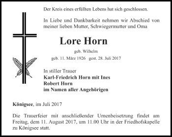 Traueranzeige von Lore Horn von Ostthüringer Zeitung