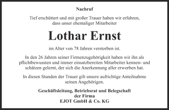 Traueranzeige von Lothar Ernst von Ostthüringer Zeitung, Thüringische Landeszeitung