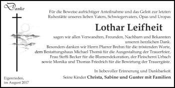 Traueranzeige von Lothar Leifheit von Thüringer Allgemeine, Thüringische Landeszeitung