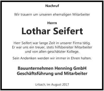 Traueranzeige von Lothar Seifert von Thüringer Allgemeine