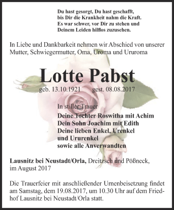 Traueranzeige von Lotte Pabst von Ostthüringer Zeitung