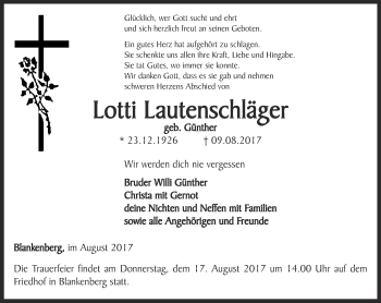 Traueranzeige von Lotti Lautenschläger von Ostthüringer Zeitung