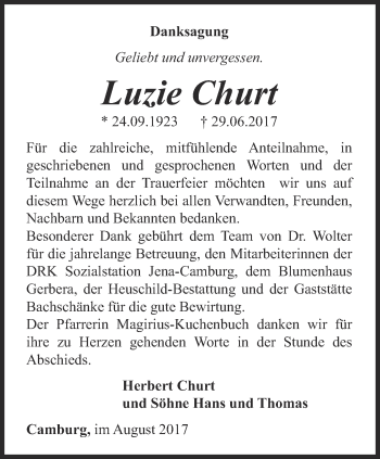 Traueranzeige von Luzie Churt von Ostthüringer Zeitung, Thüringische Landeszeitung