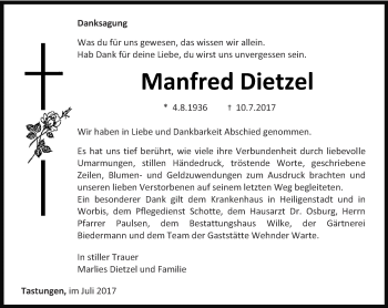 Traueranzeige von Manfred Dietzel von Thüringer Allgemeine
