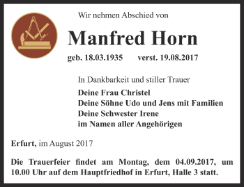 Traueranzeige von Manfred Horn von Thüringer Allgemeine, Thüringische Landeszeitung