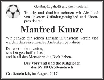 Traueranzeige von Manfred Kunze von Thüringer Allgemeine