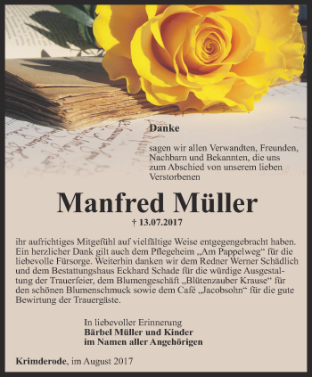 Traueranzeige von Manfred Müller von Thüringer Allgemeine