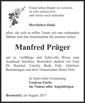 Traueranzeige von Manfred Prüger von Ostthüringer Zeitung