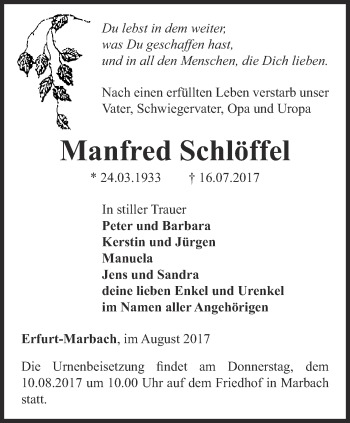 Traueranzeige von Manfred Schlöffel von Thüringer Allgemeine, Thüringische Landeszeitung