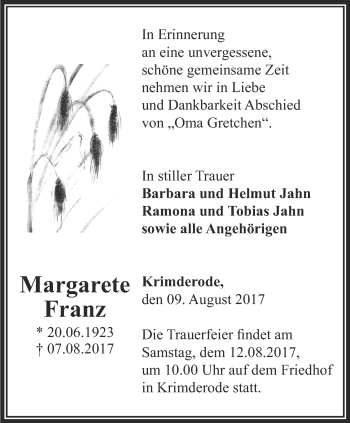 Traueranzeige von Margarete Franz von Thüringer Allgemeine