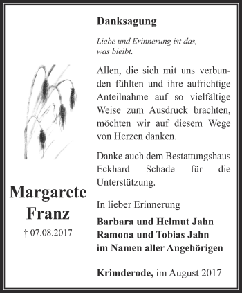 Traueranzeige von Margarete Franz von Thüringer Allgemeine