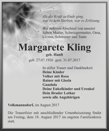 Traueranzeige von Margarete Kling von Ostthüringer Zeitung, Thüringische Landeszeitung