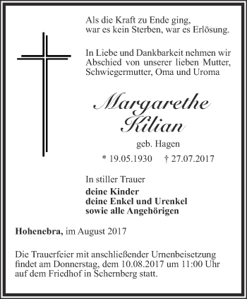 Traueranzeige von Margarethe Kilian von Thüringer Allgemeine