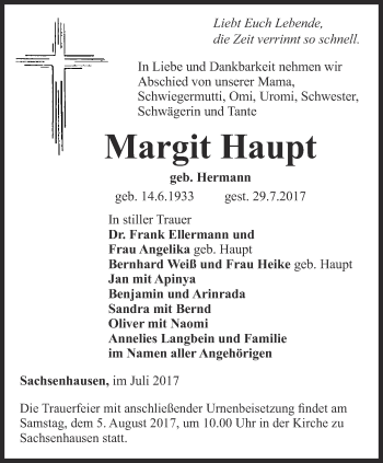 Traueranzeige von Margit Haupt von Thüringer Allgemeine, Thüringische Landeszeitung