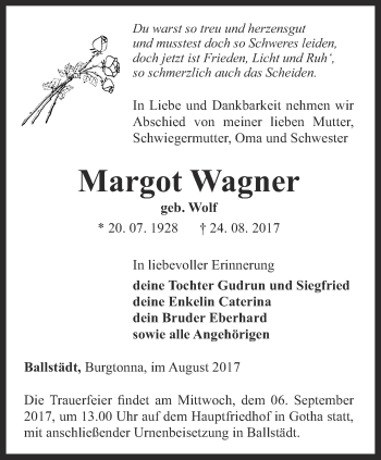 Traueranzeige von Margot Wagner von Ostthüringer Zeitung, Thüringische Landeszeitung