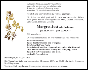 Traueranzeige von Margret Just von Thüringer Allgemeine